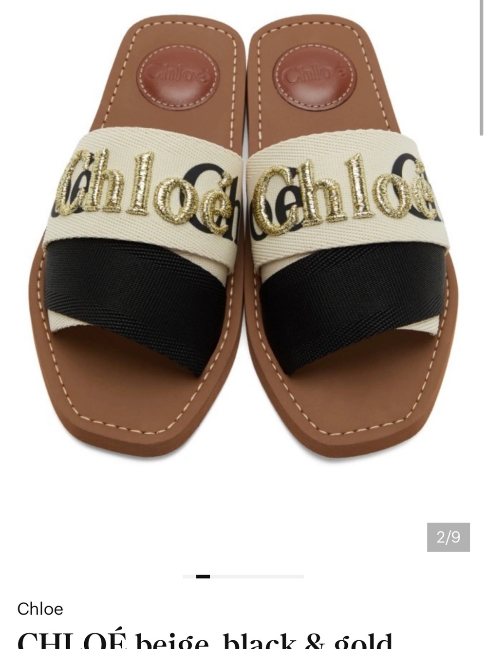 Chloe Beige, Black & Gold Logo Slide Sandals